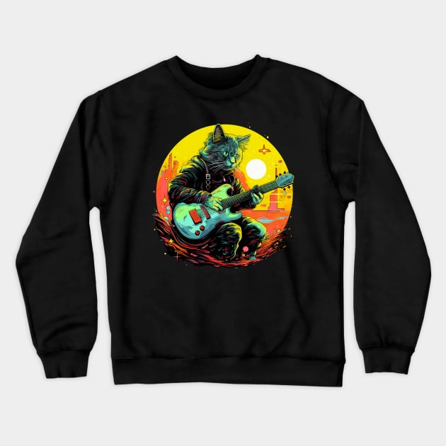 Cat Playing Guitar Funny Cat With Guitar Cute Cat Guitar Crewneck Sweatshirt by OscarVanHendrix